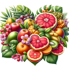Sweet summer tropical fruits and berry heart isolated on white background