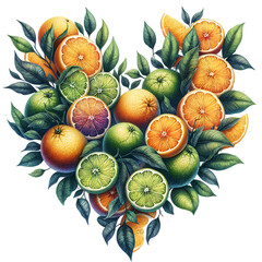 Sweet summer citrus fruits heart isolated on white background