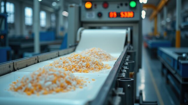 Industrial polymer sorting line with optical sensors separating PET, HDPE and PP plastic flakes on conveyor system


