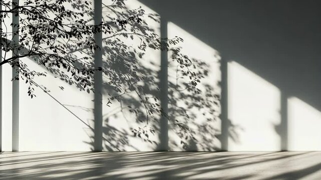 Sunlight shadows dance across a wall with leafy tree silhouette