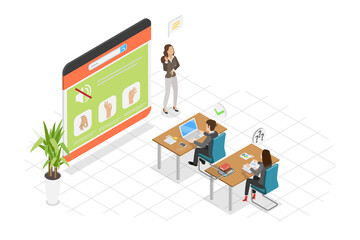 3D Isometric Flat  Illustration of Sign Language Education, Disabled People Assistance