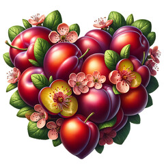 Sweet summer fruits plums heart isolated on white background