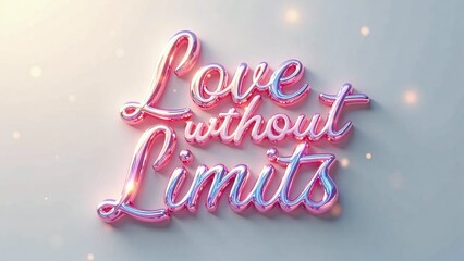 Love Without Limits Holographic Pride Text, Iridescent Script with Soft 3D Shadows, Glowing Highlights on Cream or Gray Background, Futuristic Dreamy Design with Ethereal Visual Appeal