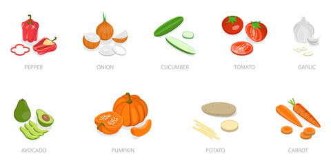 Obraz premium 3D Isometric Flat Set of Fresh Sliced Vegetables, Healthy Food