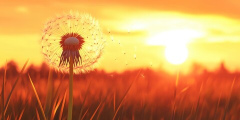 Dandelion Seeds Blowing in the Wind at Sunset with Dreamy Sky and Soft Golden Light