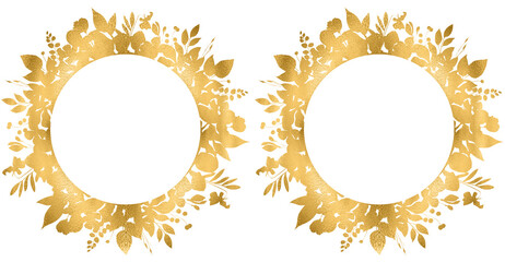 Elegant round golden floral frame on transparent background, Luxury gold circle leaf and flowers ornament, for wedding or engagement invitations, thank you cards, logos, greeting