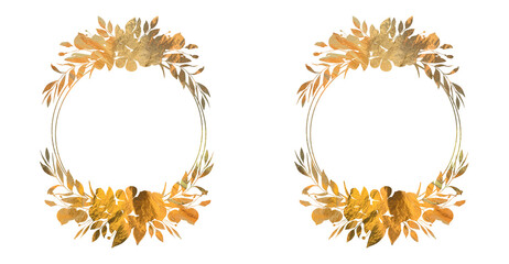 Elegant round golden floral frame on transparent background, Luxury gold circle leaf and flowers ornament, for wedding or engagement invitations, thank you cards, logos, greeting