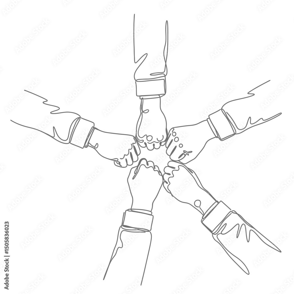 Poster vector art of five fists bumping together in a continuous line drawing, symbolizing teamwork, collab