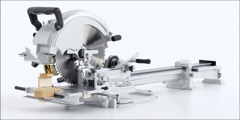 Close-up view of a miter saw, showcasing its precision and functionality.