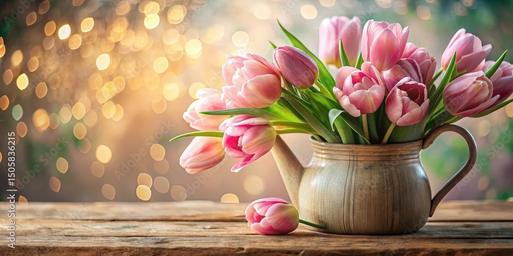 Aufkleber Pink Tulips in a Rustic Teapot on a Wooden Table with a Soft Bokeh Background