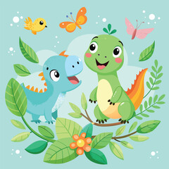 Adorable cartoon dinosaurs butterflies and birds in a bright colorful botanical scene