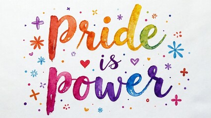 Pride Is Power Whimsical Handwritten Text, Soft Watercolor Rainbow Hues with Organic Brush Textures, Light Pigment Bleeds on White Textured Paper, Floral Doodles and Heart Accents, Artisanal Style