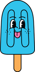 Cute Blue Popsicle Retro Mascot Tongue Out Illustration, Summer Groovy Cartoon Character Vector