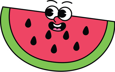 Cute Slice of Watermelon Retro Mascot Illustration, Summer Groovy Cartoon Character Vector