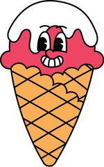 Cute Red Ice Cream Cone Retro Mascot Illustration, Summer Groovy Cartoon Character Vector