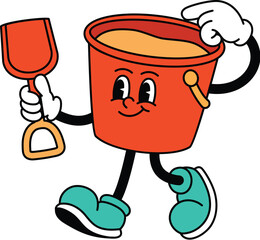 Cute Sand Bucket Retro Mascot Walking and Holding Shovel Illustration, Summer Groovy Cartoon Character Vector