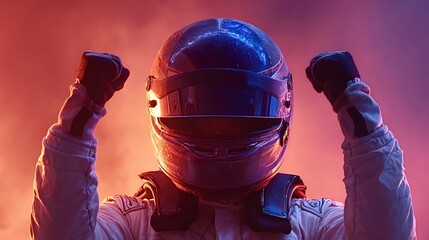 Racing driver wearing a helmet and protective suit raises their fists in celebration, illuminated by dramatic red and blue lighting, signifying victory and triumph in motorsport