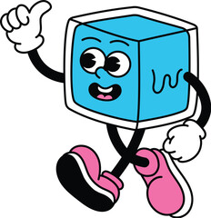 Cute Ice Cube Retro Mascot Walking and Thumbs Up Illustration, Summer Groovy Cartoon Character Vector