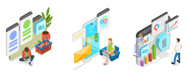 3D Isometric Flat  Illustration of Marketing and AI Technologies, Return on the Investment