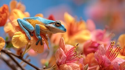 Splendid tree frog perched on vibrant flower petals, displaying striking blue and yellow hues against a backdrop of colorful blossoms and clear blue sky