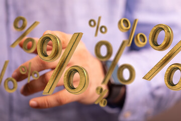 3D rendered image of golden percentage symbols floating near a person's hand, symbolizing financial...