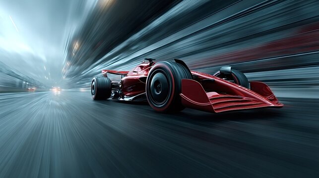 Red formula one race car speeding on a city track with motion blur showing its high velocity, creating a dynamic and exciting motorsport scene