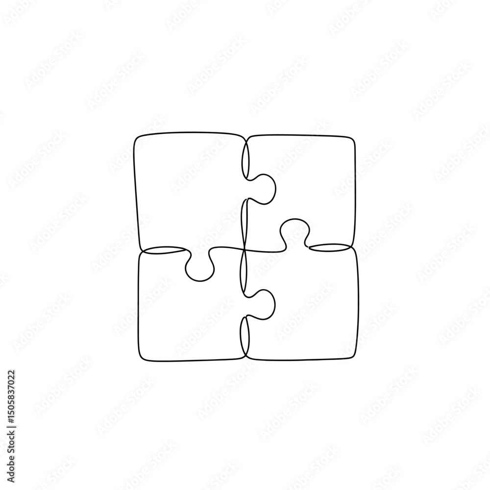Poster vector art of four puzzle pieces connected together isolated on white background in a minimalist lin