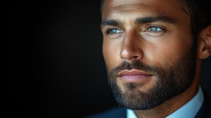 Obraz premium Man in suit gazing intensely, dark background, contemplative