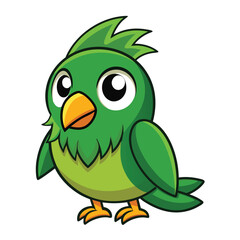 Obraz premium Adorable cartoon green bird illustration standing with cute big eyes and yellow beak.