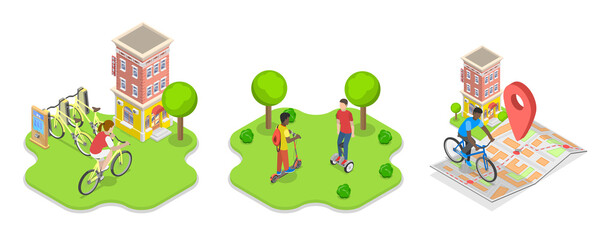 3D Isometric Flat  Illustration of Urban Transportation, Eco Friendly Transport