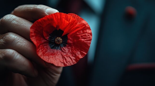 Man in suit holds poppy, blurred background, remembrance
