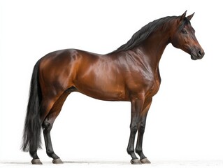 Chestnut horse standing against a white background.  A majestic profile.