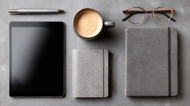Modern office desk featuring a tablet, steaming coffee, neatly arranged notebooks, a sleek pen, and stylish eyeglasses, creating an inviting atmosphere for starting the workday