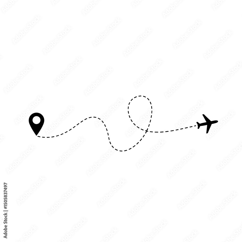 Poster vector art of airplane route with dotted line from location pin isolated on white background showing