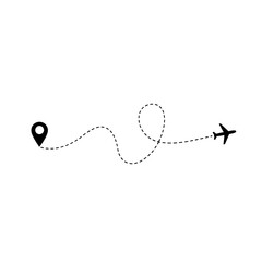 Vector art of Airplane route with dotted line from location pin isolated on white background showing travel path, flight destination, and journey navigation