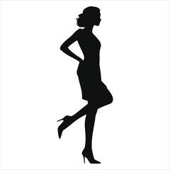 (Slingbacks footwear) Vector Silhouette of a Woman in a Dress and Heels/A sophisticated silhouette of a woman, likely a model, in a stylish dress and high heels.