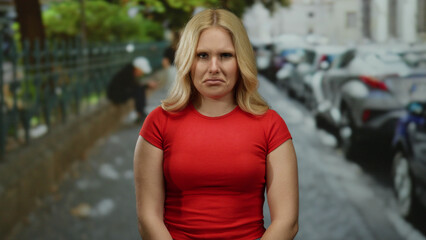 Young blonde woman in red shirt standing on city street with blurred background, expressing displeasure, outdoors in urban area setting.
