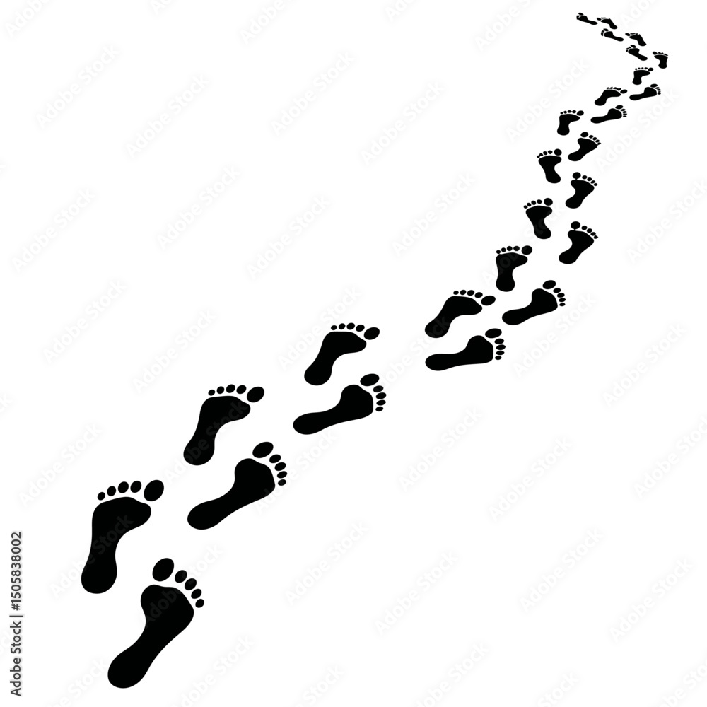 Poster vector art of footprints trail isolated on white background showing a path of bare feet walking, sym