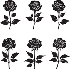 A black silhouette Rose flower set, Vector flat design roses silhouette white background