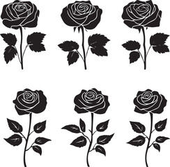 A black silhouette Rose flower set, Vector flat design roses silhouette white background