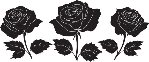 A black silhouette Rose flower set, Vector flat design roses silhouette white background