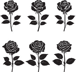 A black silhouette Rose flower set, Vector flat design roses silhouette white background