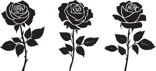 A black silhouette Rose flower set, Vector flat design roses silhouette white background