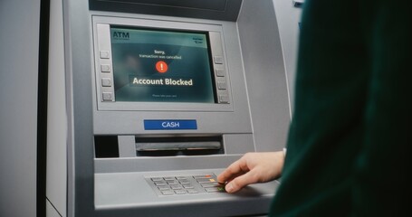 ATM User Entering PIN Code on ATM Keypad for Money Withdrawal. Error Message on Cash Machine Screen...