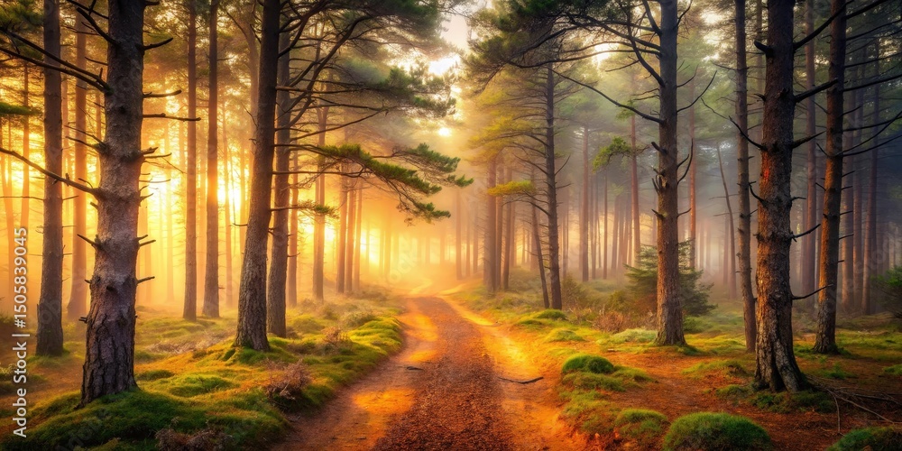 Poster A pathway through the forest with tall trees on both sides, sunlight filtering through the foliage, creating a magical atmosphere