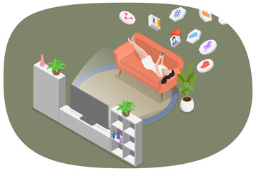 3D Isometric Flat  Illustration of Internet Addiction, Sedentary Lifestyle