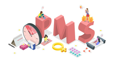 3D Isometric Flat  Illustration of PMS And Ovulation, Female Critical Days Problems