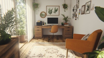 Fototapeta premium Scandinavian minimalist office space featuring a wooden desk, natural lighting, and neutral-colored decor, evoking calm productivity