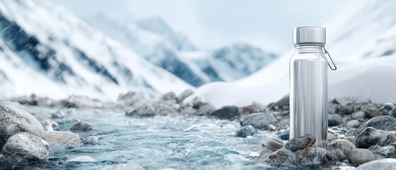 Clear Reusable Water Bottle Next to Stream in Mountain Landscape