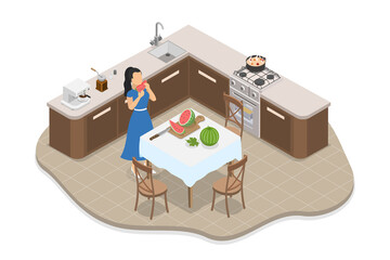 3D Isometric Flat  Illustration of Healthy Snack, Female Preparing Fresh Watermelon For Nutritious Snack In Detox Menu